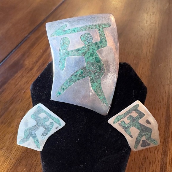 Taxco Sterling Silver Inlaid Crushed Turquoise Warrior Brooch/Pendant w Earrings - Picture 4 of 13